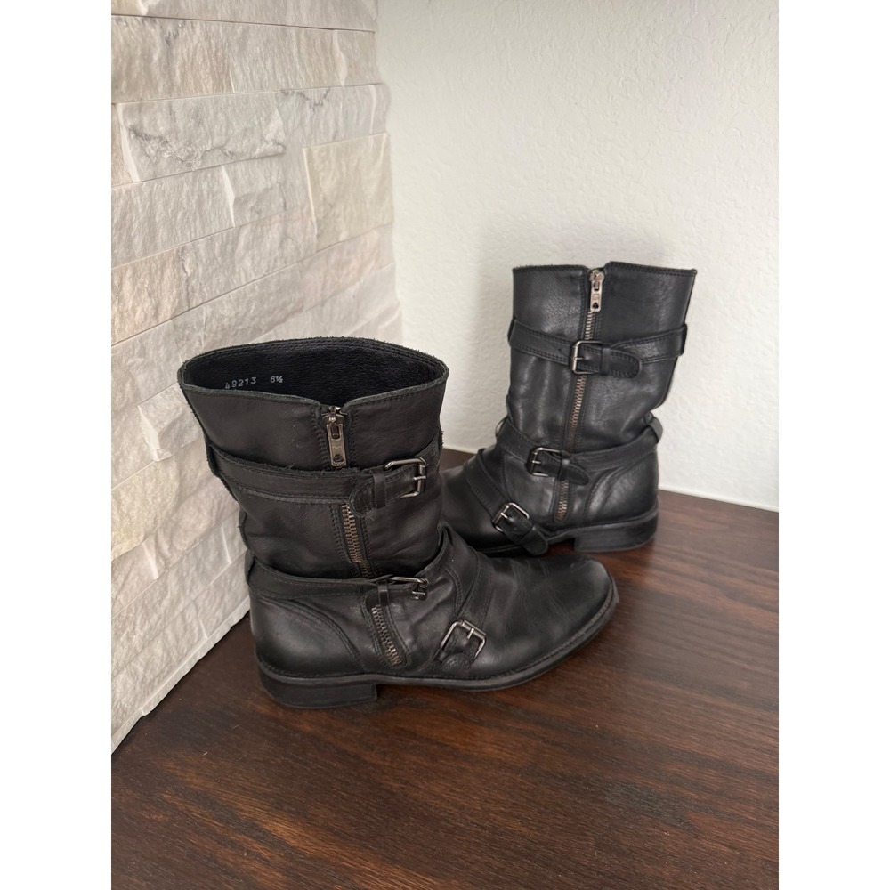 J Crew Black Leather Moto Biker Boots Buckle Straps Women's 6.5